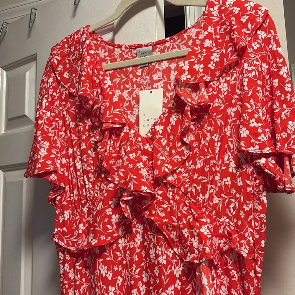 NWT Target A New Day Red Floral Ruffle Maxi Dress with Flutter Sleeves XL - Picture 6 of 8